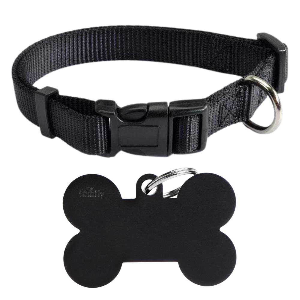 BLACK Set Collare Camon + Medaglietta Personalizzata My Family tg. L