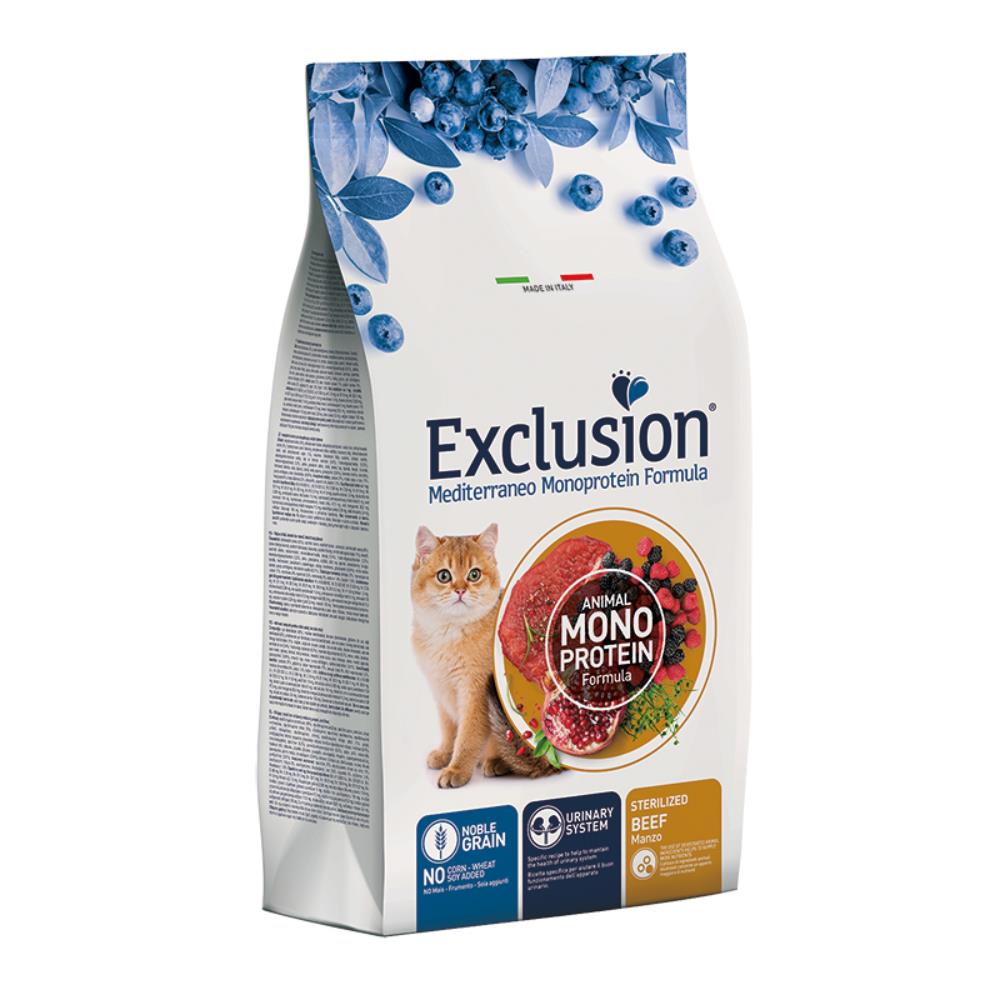 Exclusion Mediterraneo Noble Grain Sterilized al Manzo per gatti sterilizzati 1,5Kg