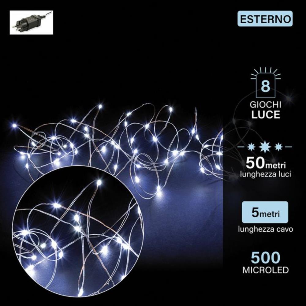 Filo Luminoso 500 Microled Bianco Freddo da esterno con 8 giochi di luce 50 m