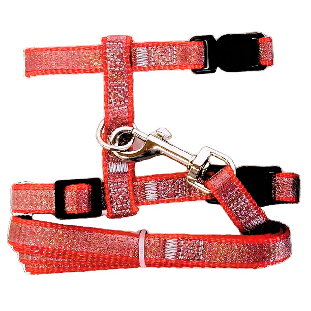 Parure Glitter Guinzaglio e Pettorina Regolabile in Nylon per Gatto Rosso