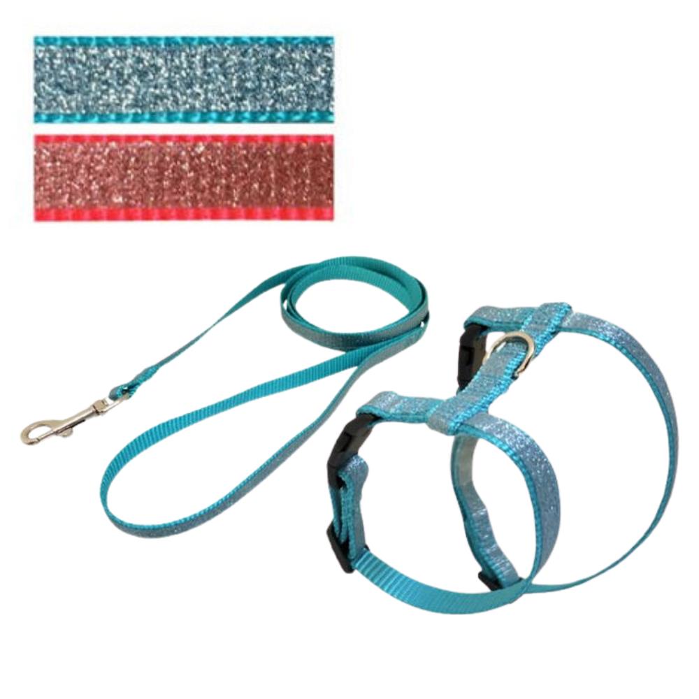 Parure Glitter Guinzaglio e Pettorina Regolabile in Nylon per Gatto